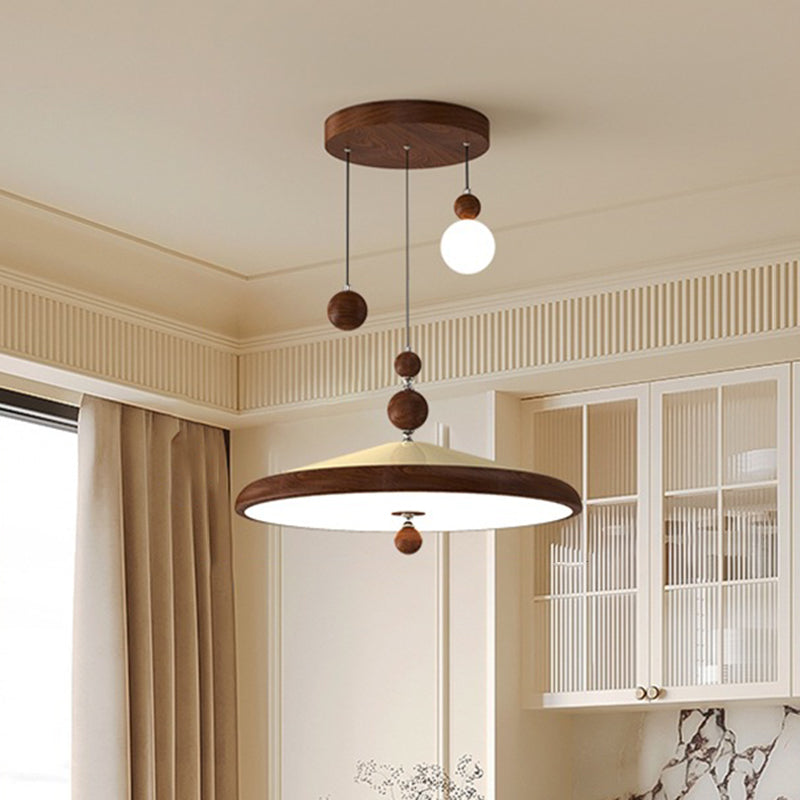 Traditional French Iron Faux Woodgrain Acrylic Cone Shade LED Pendant Light For Living Room