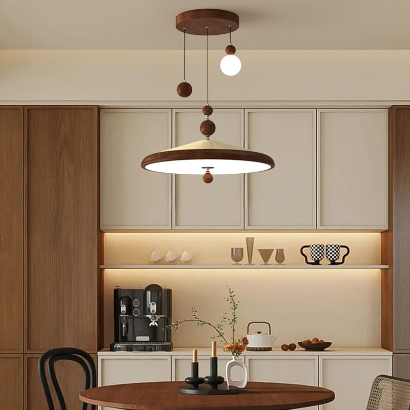 Traditional French Iron Faux Woodgrain Acrylic Cone Shade LED Pendant Light For Living Room