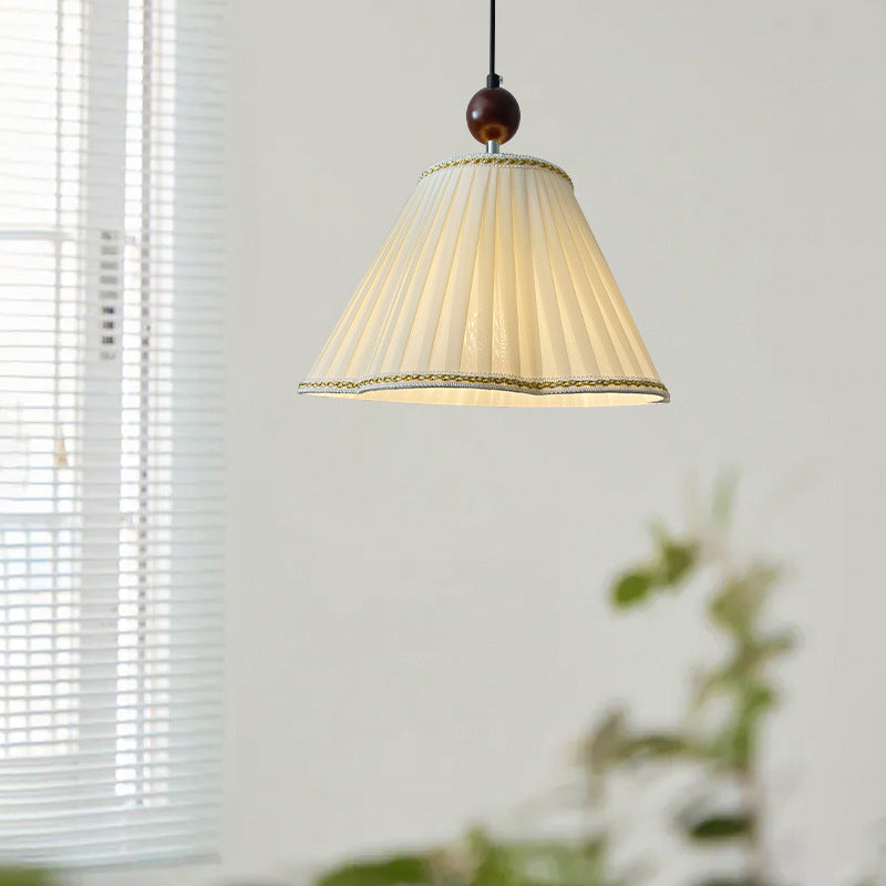 Traditional French Solid Wood Pleated Fabric Corrugated Shade 1-Light Pendant Light For Living Room