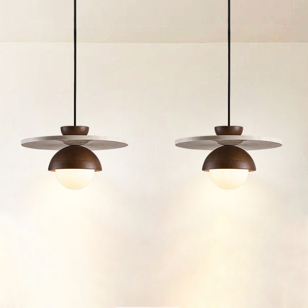 Traditional Japanese Travertine Glass Ball Shade Solid Wood 1-Light Pendant Light For Living Room