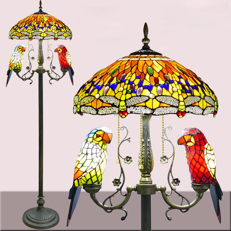 Traditional Vintage Round Iron Stained Glass 5-Light Standing Floor Lamp For Bedroom