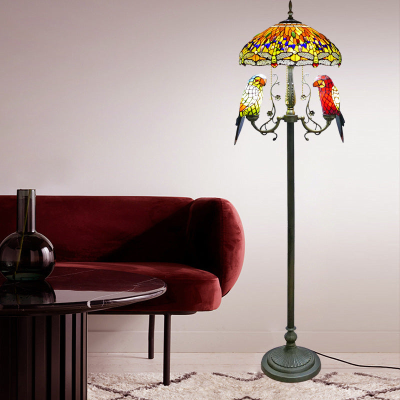 Traditional Vintage Round Iron Stained Glass 5-Light Standing Floor Lamp For Bedroom