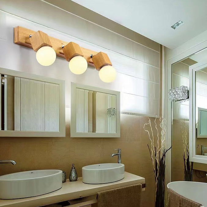 Modern Minimalist Round Ball Rectangle Linear Wood 1/2/3/4 Light Wall Sconce Lamp For Bathroom