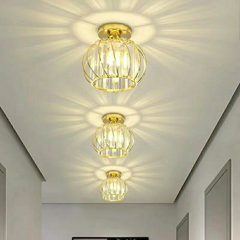 Modern Minimalist Hollowed Out Round Dome Iron Crystal 1-Light Semi-Flush Mount Ceiling Light For Bedroom
