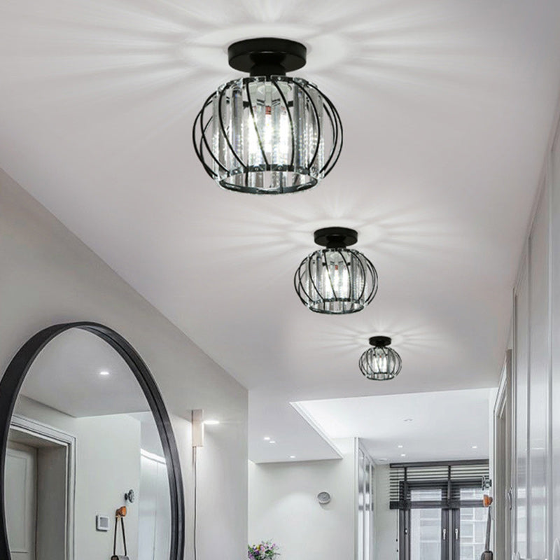 Modern Minimalist Hollowed Out Round Dome Iron Crystal 1-Light Semi-Flush Mount Ceiling Light For Bedroom