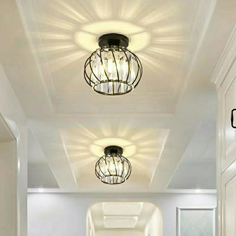Modern Minimalist Hollowed Out Round Dome Iron Crystal 1-Light Semi-Flush Mount Ceiling Light For Bedroom