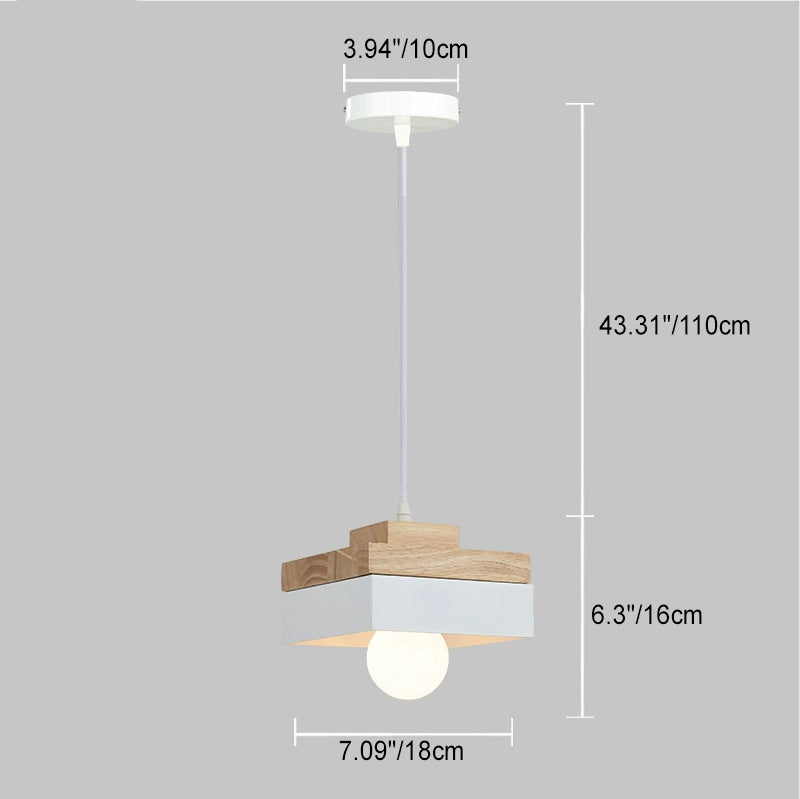 Modern Minimalist Round Square Iron Wood 1-Light Pendant Light For Bedroom