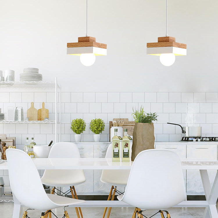 Modern Minimalist Round Square Iron Wood 1-Light Pendant Light For Bedroom