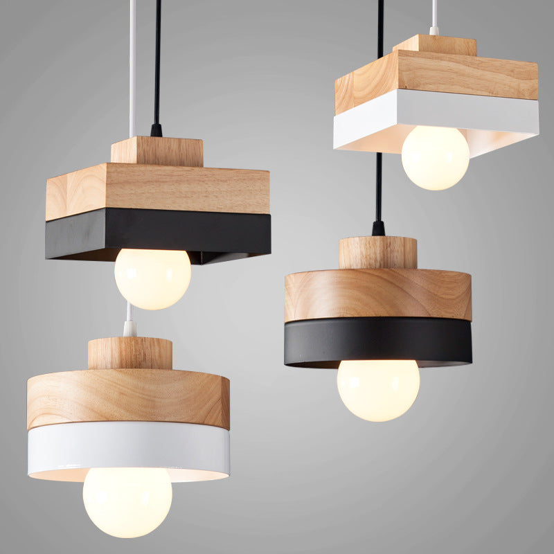 Modern Minimalist Round Square Iron Wood 1-Light Pendant Light For Bedroom