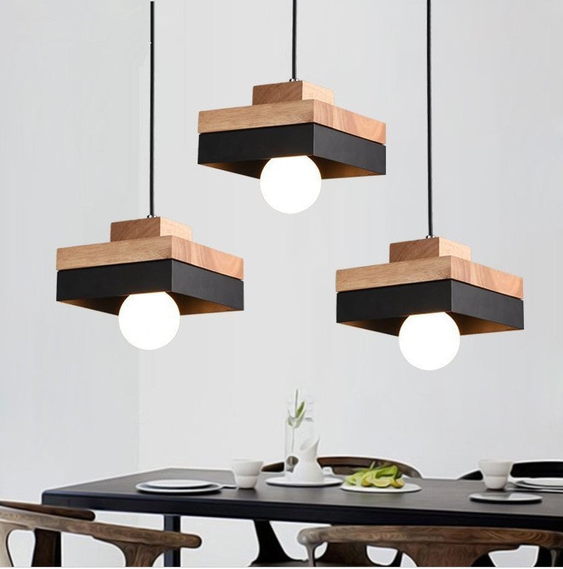 Modern Minimalist Round Square Iron Wood 1-Light Pendant Light For Bedroom