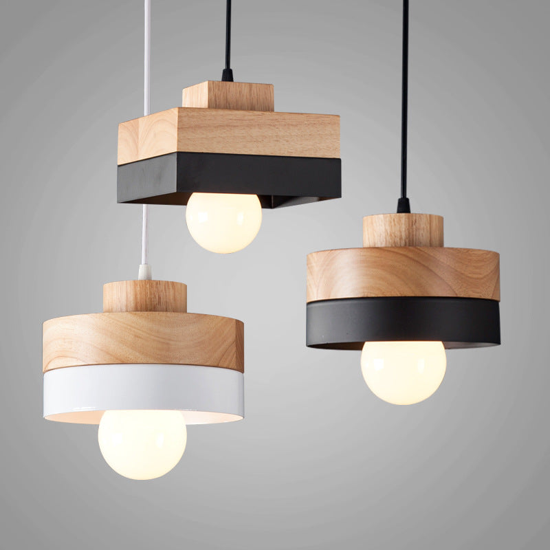 Modern Minimalist Round Square Iron Wood 1-Light Pendant Light For Bedroom