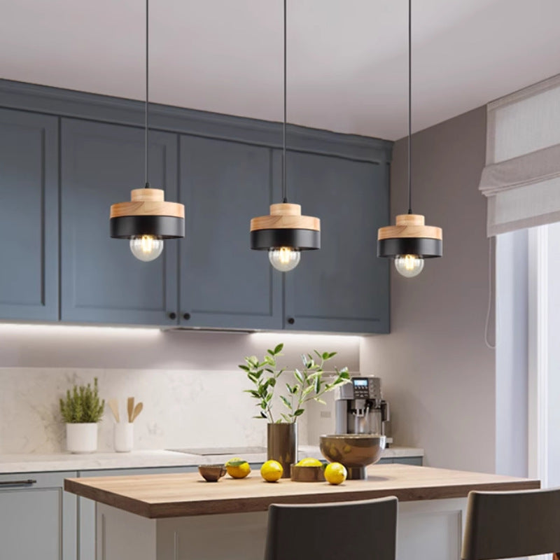 Modern Minimalist Round Square Iron Wood 1-Light Pendant Light For Bedroom