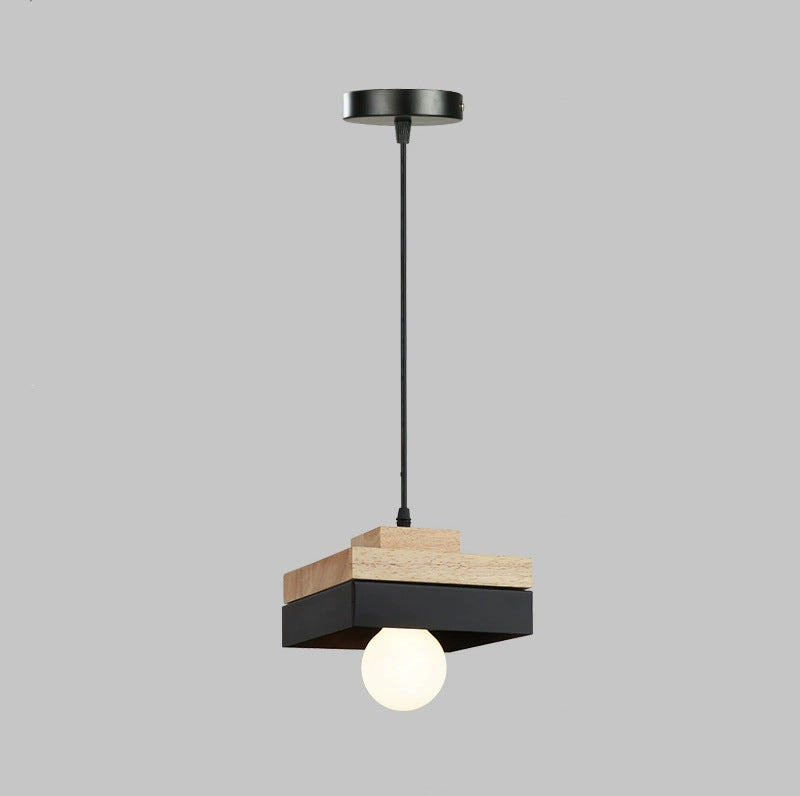 Modern Minimalist Round Square Iron Wood 1-Light Pendant Light For Bedroom