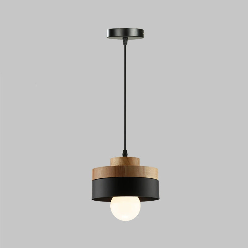 Modern Minimalist Round Square Iron Wood 1-Light Pendant Light For Bedroom