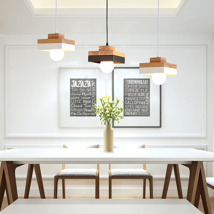Modern Minimalist Round Square Iron Wood 1-Light Pendant Light For Bedroom