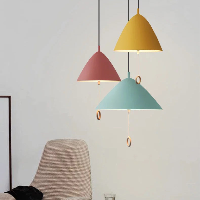 Contemporary Scandinavian Macaron Pull Line Conical Round Aluminum 2/3 Light Pendant Light For Bedroom