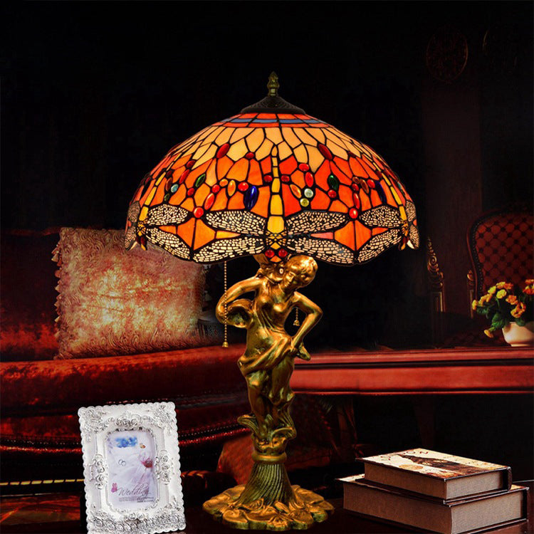 Traditional Tiffany Dragonfly Conical Copper Alloy Stained Glass 3-Light Table Lamp For Bedroom