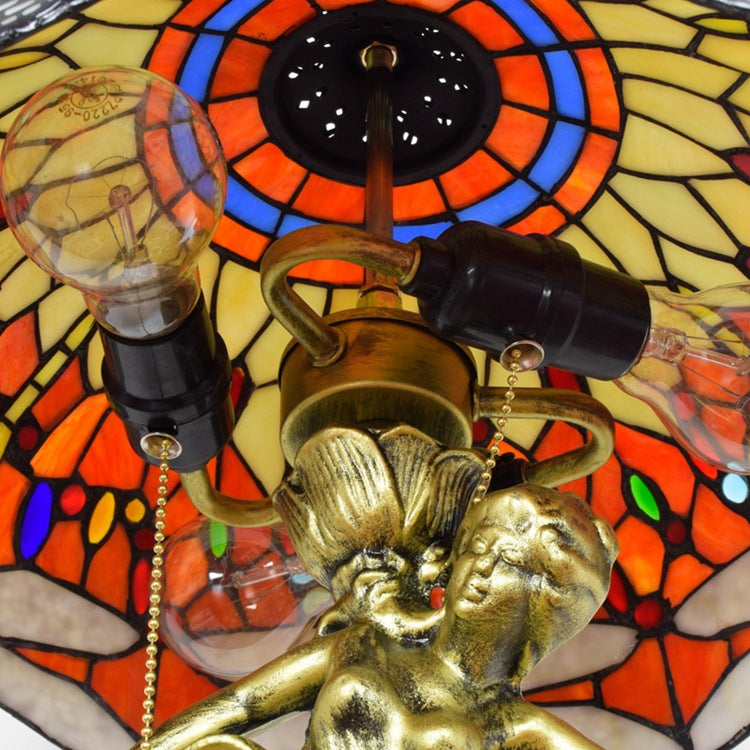 Traditional Tiffany Dragonfly Conical Copper Alloy Stained Glass 3-Light Table Lamp For Bedroom