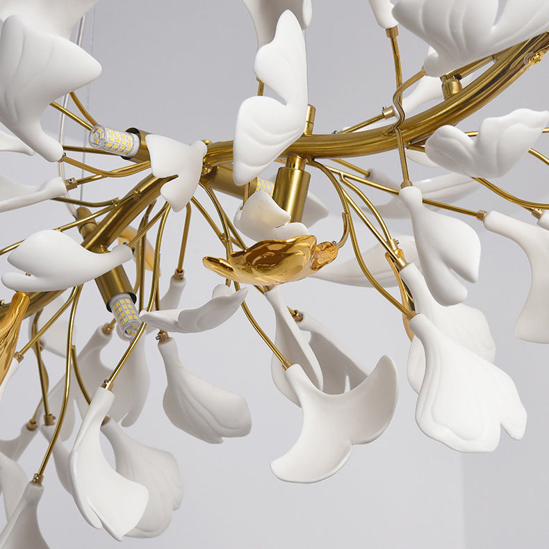 Traditional French Ginkgo Leaf Round Iron Plastic Porcelain 6/8/12 Light Semi-Flush Mount Ceiling Light For Bedroom