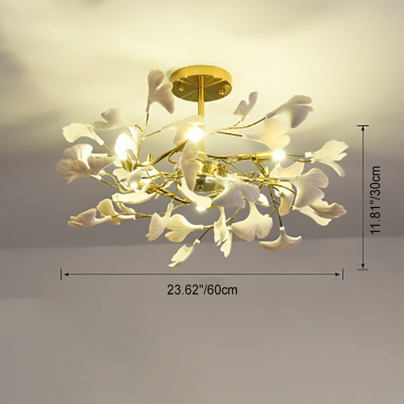Traditional French Ginkgo Leaf Round Iron Plastic Porcelain 6/8/12 Light Semi-Flush Mount Ceiling Light For Bedroom