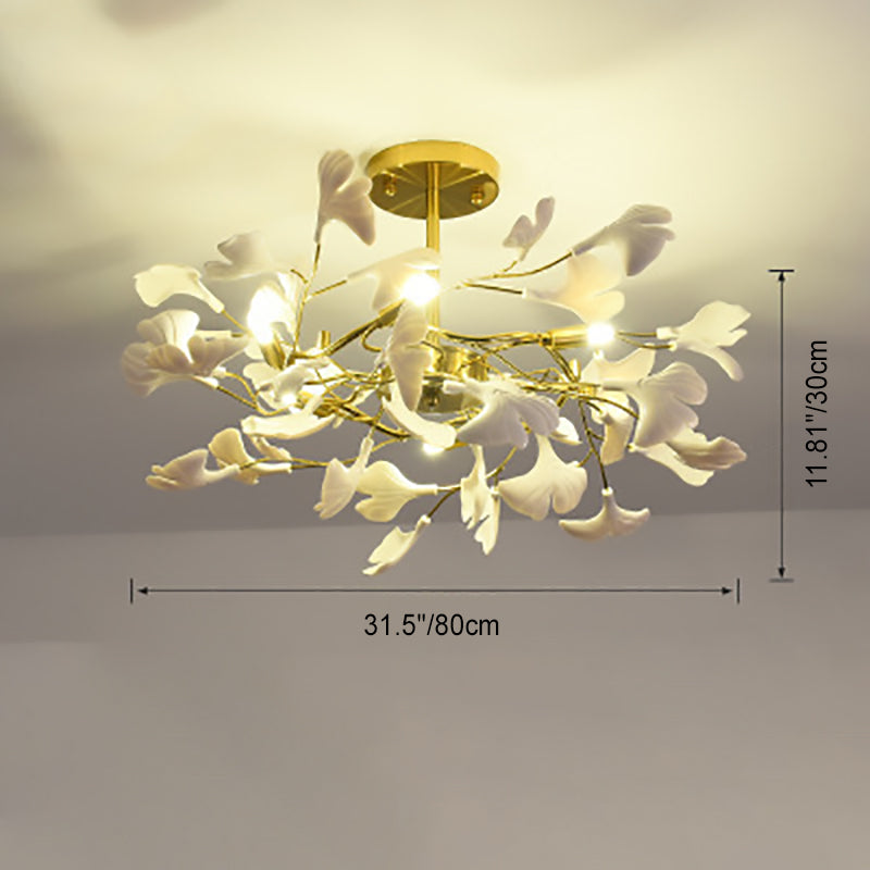 Traditional French Ginkgo Leaf Round Iron Plastic Porcelain 6/8/12 Light Semi-Flush Mount Ceiling Light For Bedroom