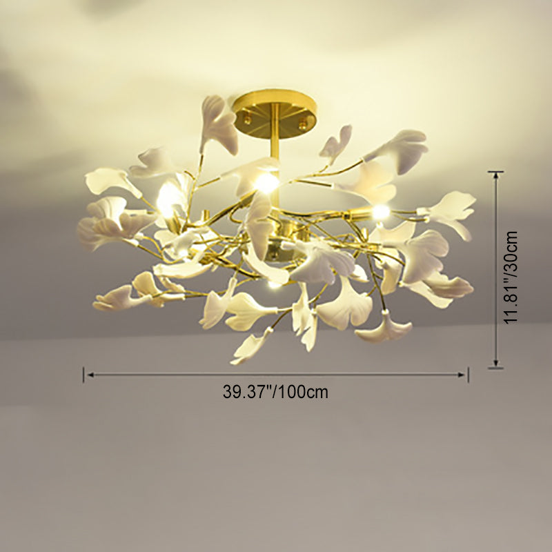 Traditional French Ginkgo Leaf Round Iron Plastic Porcelain 6/8/12 Light Semi-Flush Mount Ceiling Light For Bedroom