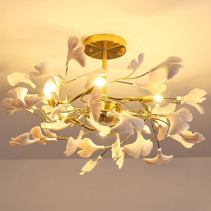 Traditional French Ginkgo Leaf Round Iron Plastic Porcelain 6/8/12 Light Semi-Flush Mount Ceiling Light For Bedroom