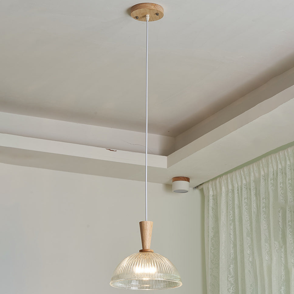 Contemporary Scandinavian Round Oval Cone Wood Glass 1-Light Pendant Light For Bedroom