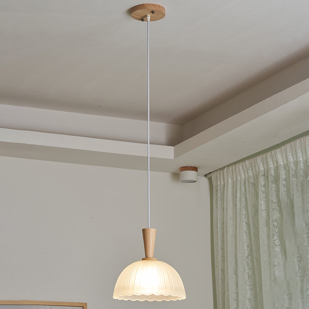 Contemporary Scandinavian Round Oval Cone Wood Glass 1-Light Pendant Light For Bedroom