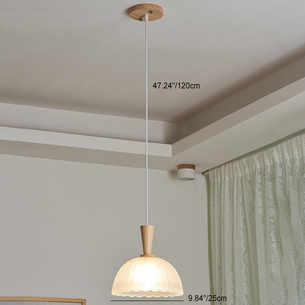 Contemporary Scandinavian Round Oval Cone Wood Glass 1-Light Pendant Light For Bedroom