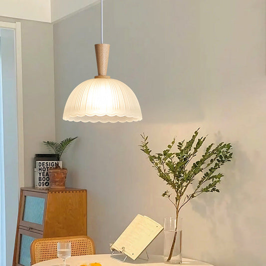 寝室用 北欧風 ラウンドオーバルコーン 木製ガラス 1灯ペンダントライト