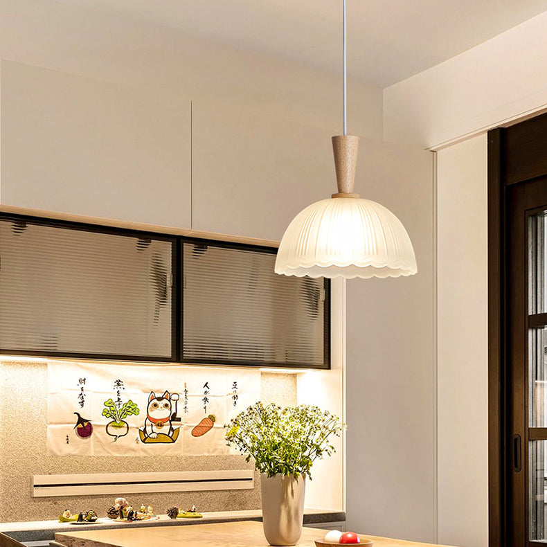 Contemporary Scandinavian Round Oval Cone Wood Glass 1-Light Pendant Light For Bedroom