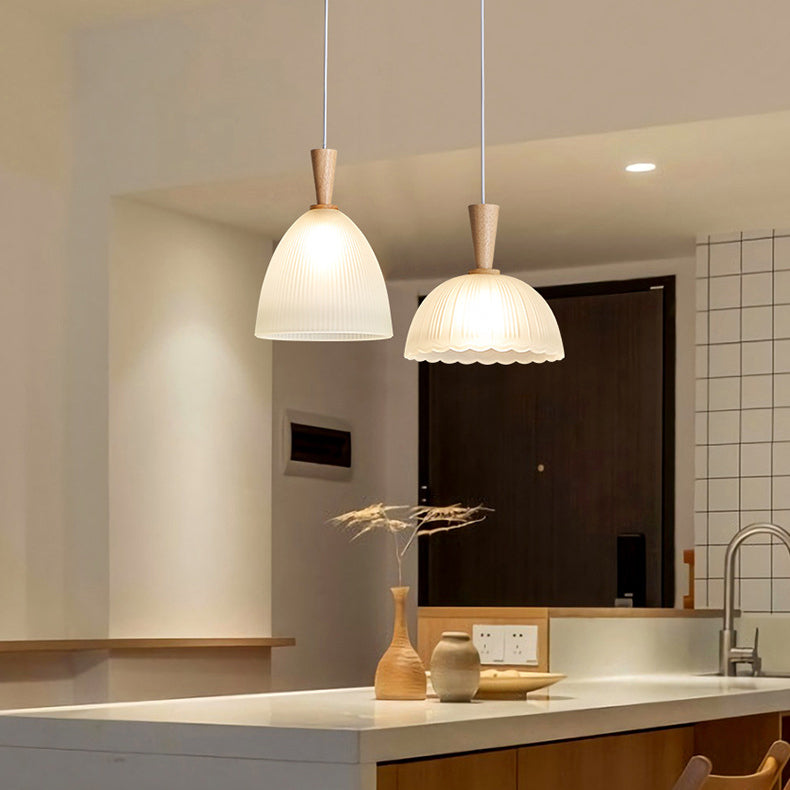 Contemporary Scandinavian Round Oval Cone Wood Glass 1-Light Pendant Light For Bedroom