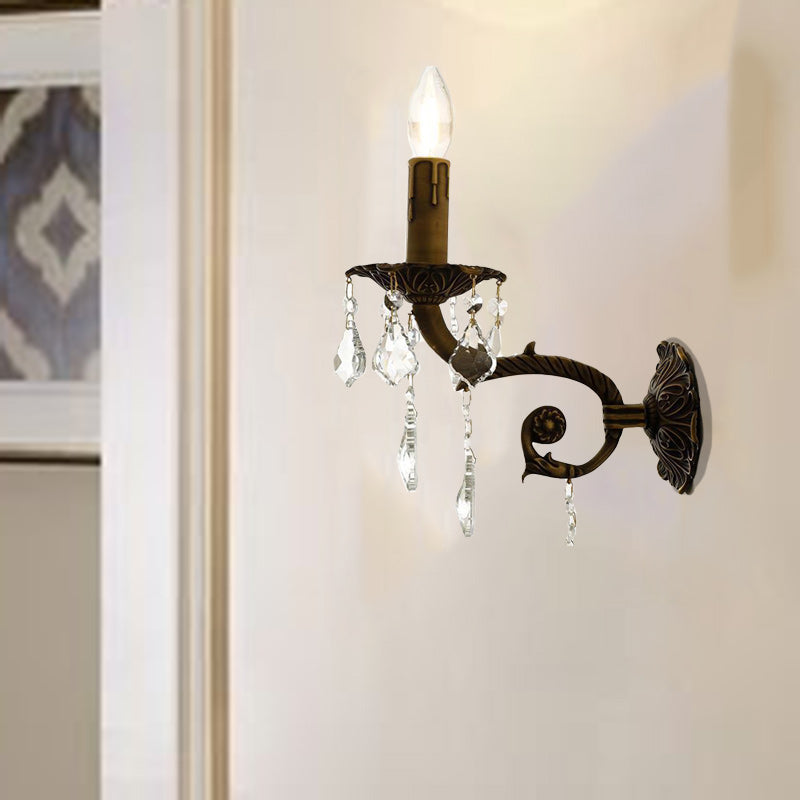 Traditional Vintage Twig Candle Shaped Copper Crystal 1-Light Wall Sconce Lamp For Bedroom