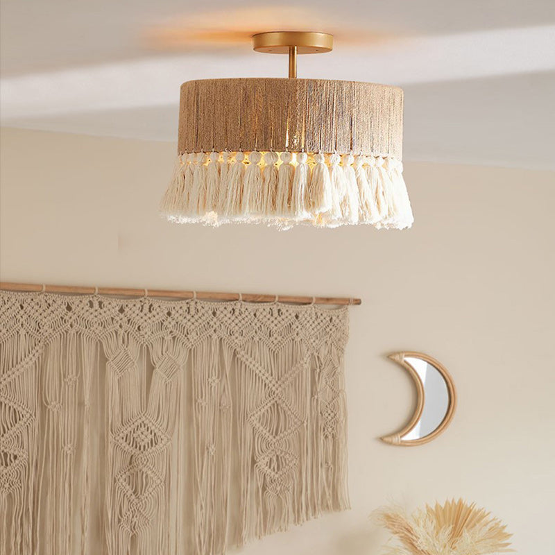 Contemporary Boho Tassel Cylinder Round Hemp Rope Cotton Embryo Yarn 1- Light Semi-Flush Mount Ceiling Light For Bedroom