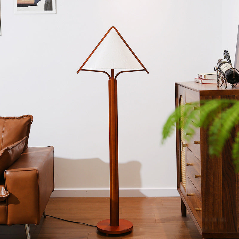 Traditional Vintage Round Cone Teak Cotton Fabric 1-Light Standing Floor Lamp For Living Room
