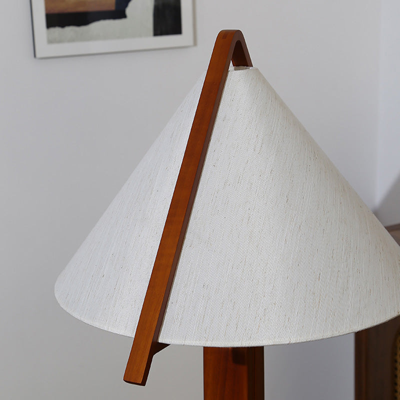 Traditional Vintage Round Cone Teak Cotton Fabric 1-Light Standing Floor Lamp For Living Room