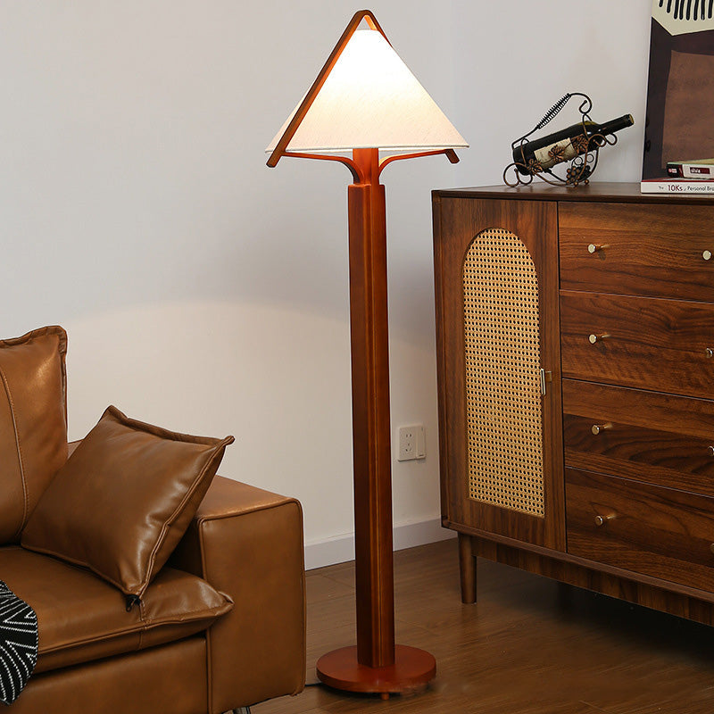 Traditional Vintage Round Cone Teak Cotton Fabric 1-Light Standing Floor Lamp For Living Room