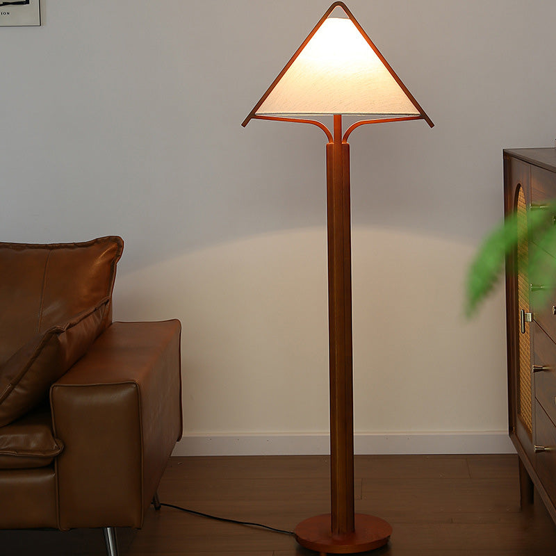 Traditional Vintage Round Cone Teak Cotton Fabric 1-Light Standing Floor Lamp For Living Room