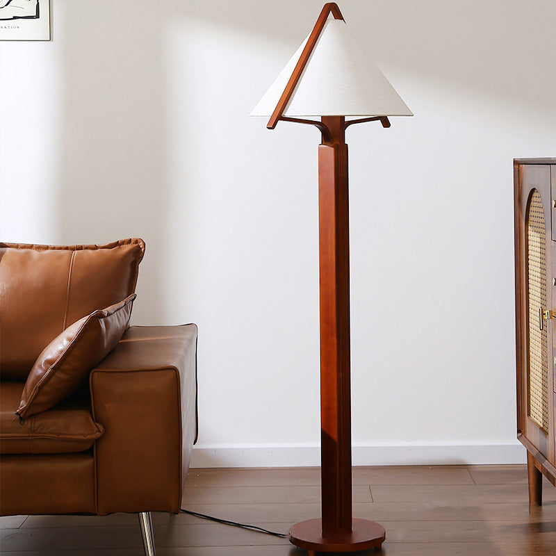 Traditional Vintage Round Cone Teak Cotton Fabric 1-Light Standing Floor Lamp For Living Room