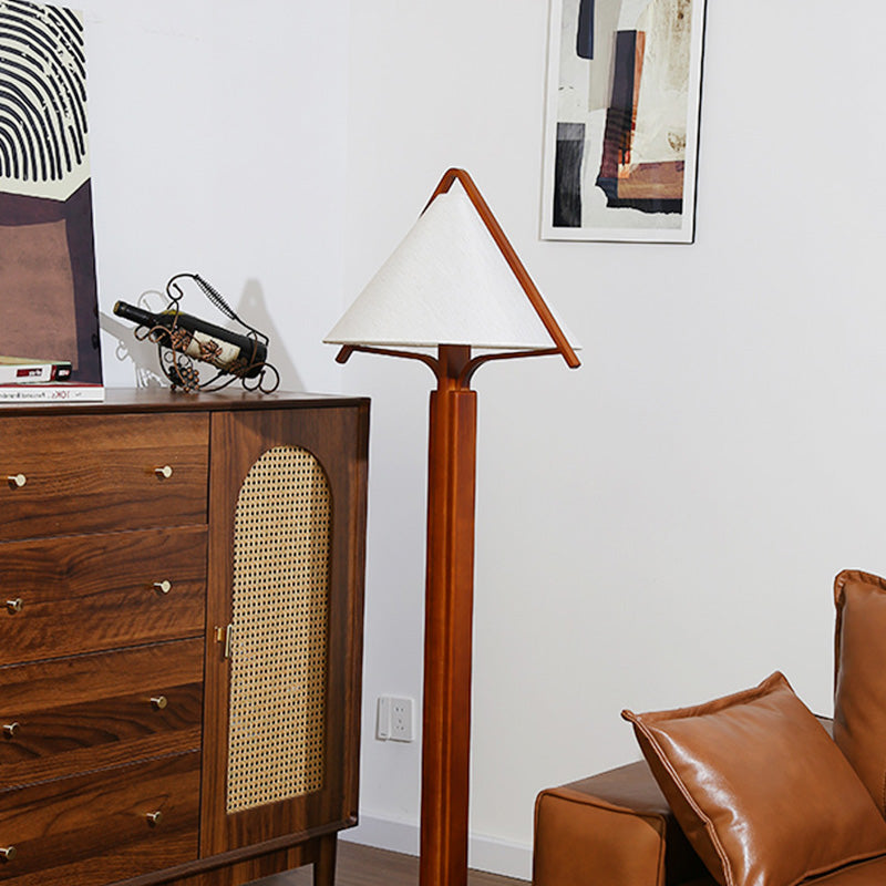 Traditional Vintage Round Cone Teak Cotton Fabric 1-Light Standing Floor Lamp For Living Room