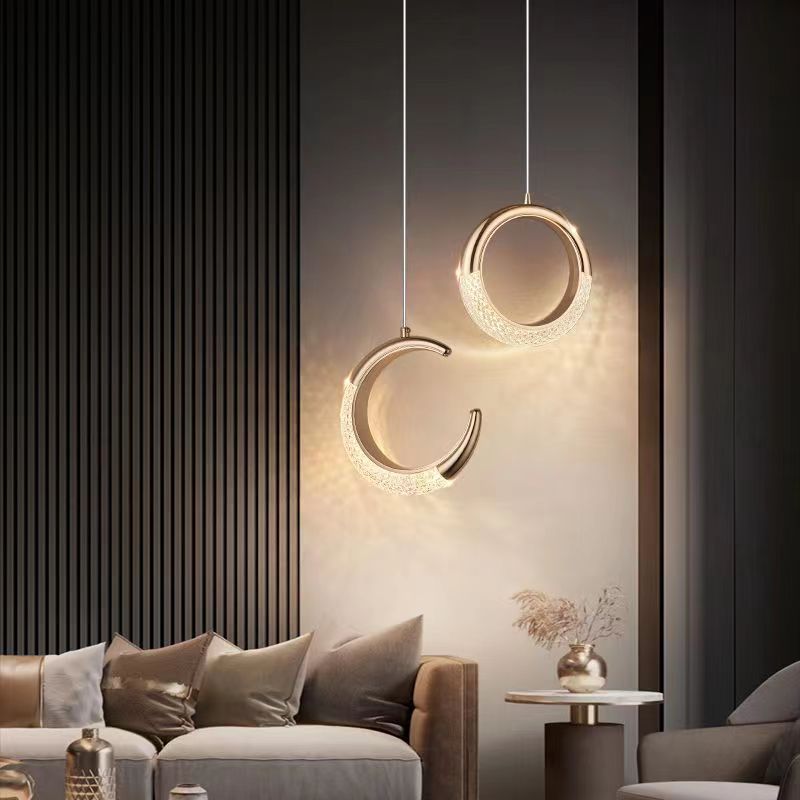 Modern Luxury Ring Moon Round Aluminum Hardware Acrylic LED Pendant Light For Bedroom