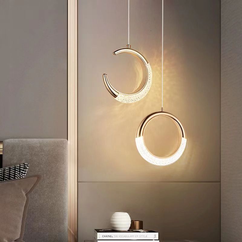 Modern Luxury Ring Moon Round Aluminum Hardware Acrylic LED Pendant Light For Bedroom