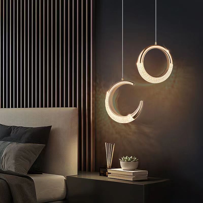 Modern Luxury Ring Moon Round Aluminum Hardware Acrylic LED Pendant Light For Bedroom