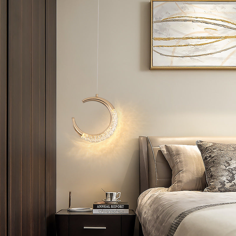 Modern Luxury Ring Moon Round Aluminum Hardware Acrylic LED Pendant Light For Bedroom