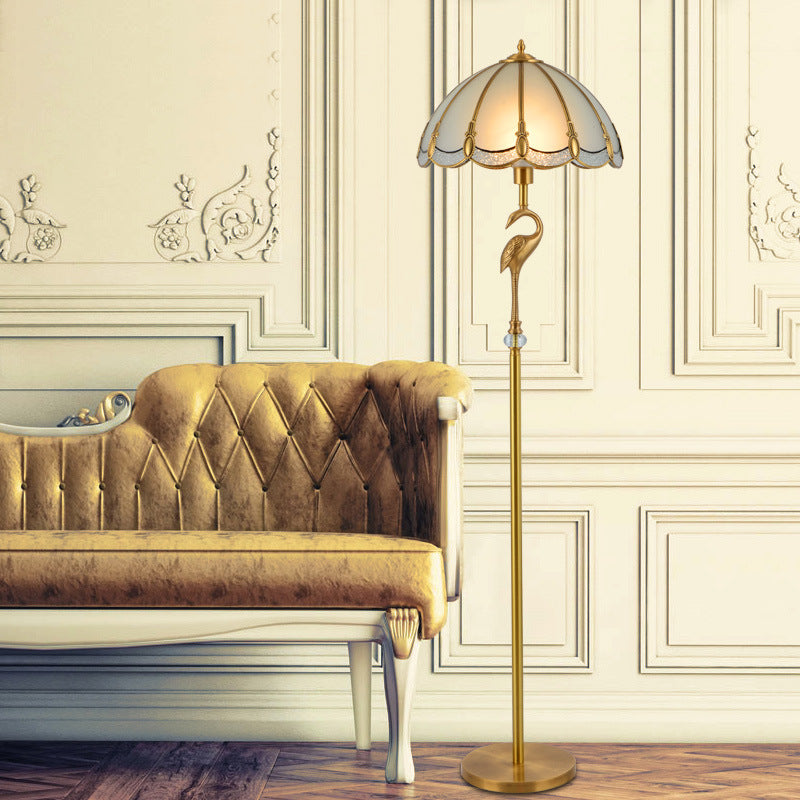 Traditional Vintage Round Cone Copper Glass 1-Light Standing Floor Lamp For Bedroom