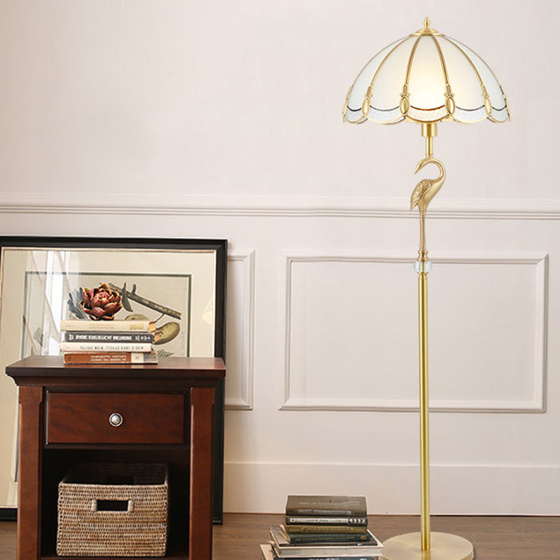 Traditional Vintage Round Cone Copper Glass 1-Light Standing Floor Lamp For Bedroom