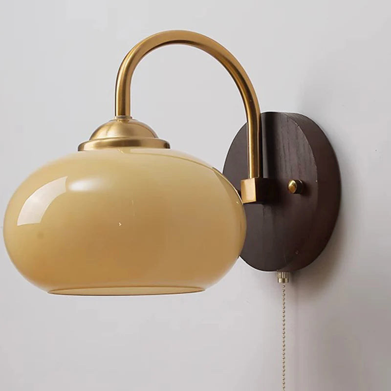 Modern Mid-Century Cream Round Oval Ash Wood Glass 1-Light Wall Sconce Lamp For Bedroom