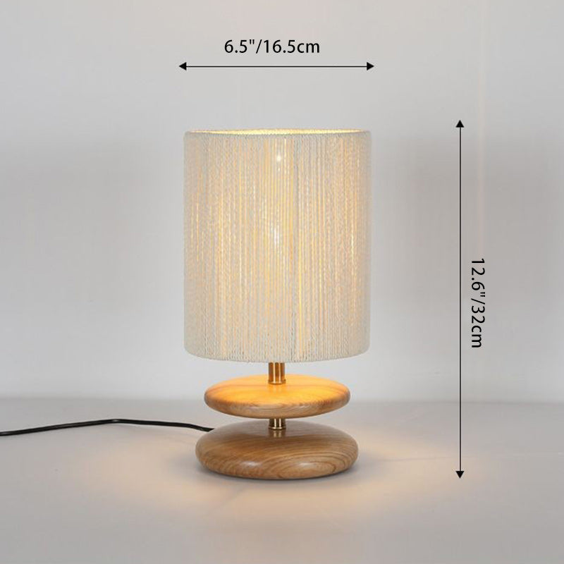 Modern Mid-Century Round Cylindrical Ash Wood Paper Rope Hardware 1-Light Table Lamp For Bedroom