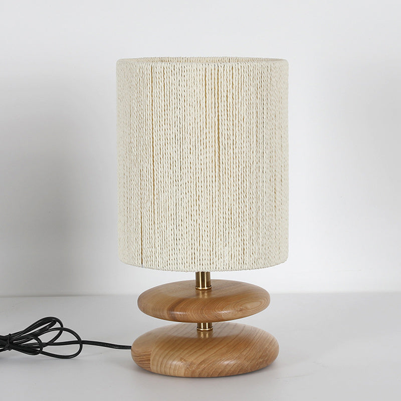 Modern Mid-Century Round Cylindrical Ash Wood Paper Rope Hardware 1-Light Table Lamp For Bedroom